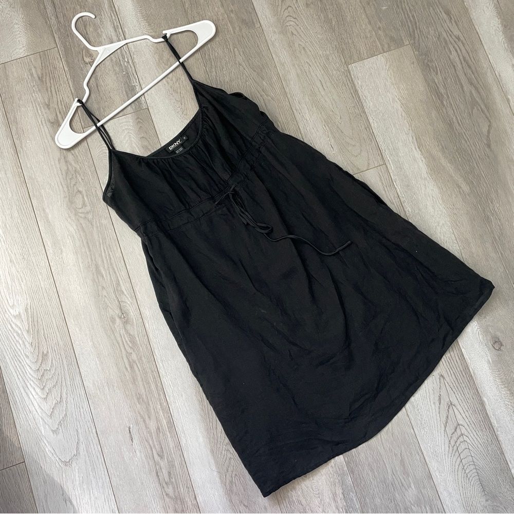 Linen Babydoll Dress fit flare mini womens Black (size 12) dkny minimalist vtg